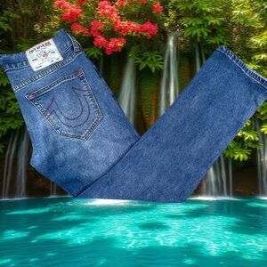 True Religion Ricky Jean Mens 30x30 Blue Relaxed Straight Denim Front Whiskering